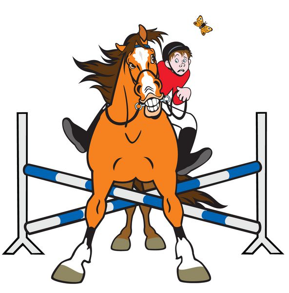 ورزش سوارکاری اسب سوار در نمایش پرش تصویر کارتونی که بر روی زمینه سفید جدا شده است