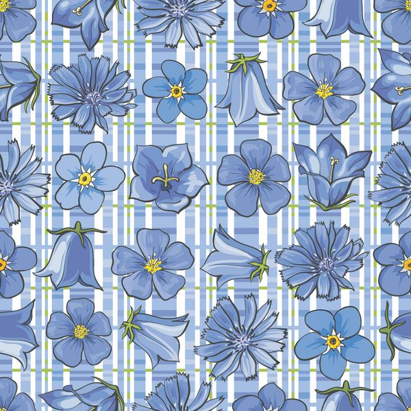 تصویر برداری از گلهای وحشی آبی در الگوی بدون درز پس زمینه شطرنجی به سبک طرح زمینه با شکوفه های دستی در بالای سلول بافت گل با شکوفه های گیاه علفزار
