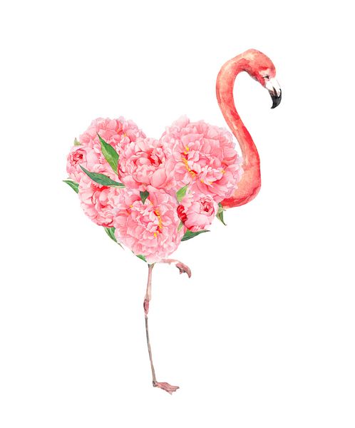 پرنده فلامینگو صورتی با قلب گل و گلهای peonies آبرنگ مخصوص روز عروسی کارت عشق صرفه جویی در طراحی تاریخ