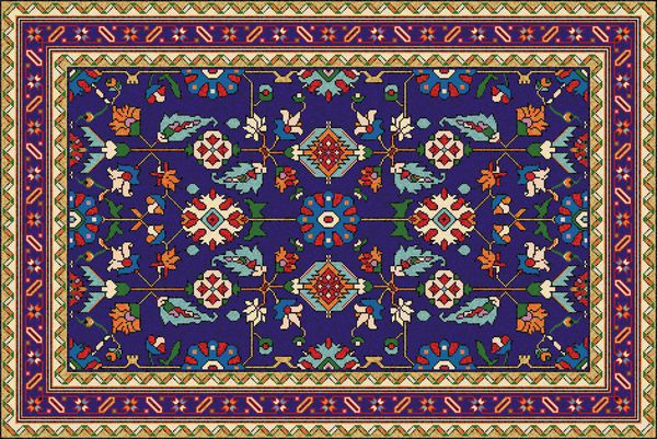 فرش رنگی موزائیک شرقی با نقوش سنتی گل و زیور آلات هندسی کلاسیک فرش طرح دار با قاب مرزی الگوی بخیه متقاطع