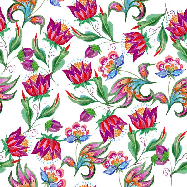 الگوی یکپارچه گل به سبک نقاشی عامیانه بر روی زمینه سفید