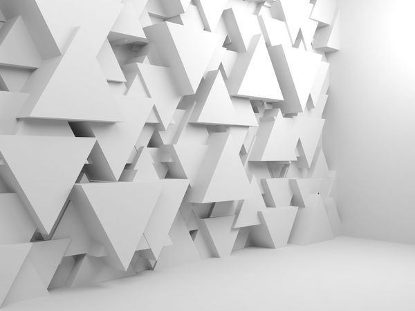 پس زمینه داخلی خالی سفید با الگوی مثلثی اکسترود شده هرج و مرج بر روی دیوار 3D ارائه تصویر