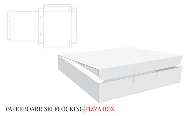 قالب جعبه پیتزا جعبه قفل خود وکتور با لایه های برش قالب برش لیزری جعبه تحویل مقوا جعبه پیتزا سفید خالی شفاف و جدا شده در زمینه سفید چشم انداز طراحی بسته بندی سه بعدی
