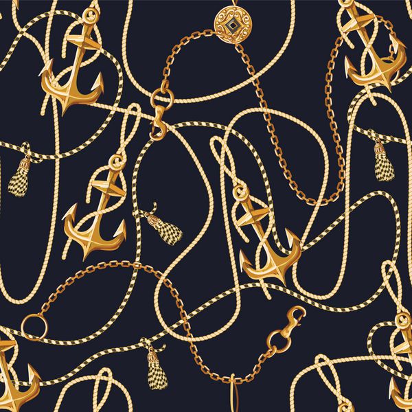 الگوی یکپارچه با لنگر طلا سکه و زنجیر برای طراحی پارچه وکتور