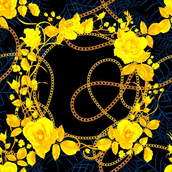 الگوی بدون درز با زنجیرها و گلهای طلایی وکتور گلدار وکتور پارچه روسری