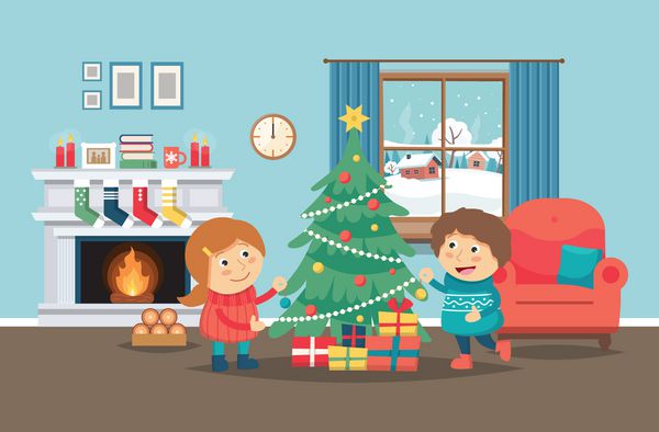 کودکان در تزئین درخت کریسمس در فضای داخلی با شومینه و پنجره شخصیت های ناز کریسمس و تصویر برداری سال جدید در سبک کارتون