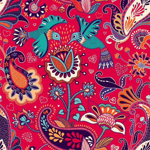 الگوی بدون درز سبک هندی تزئینی گلها و پرندگان تلطیف شده روی زمینه قرمز تصویر کارتونی رنگارنگ طراحی پارچه پارچه کارت پستال پوشش چاپ کاغذ هدیه