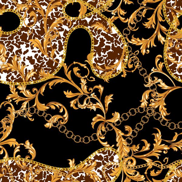 الگوی یکپارچه با زنجیرهای طلایی و برگهای باروک وکتور لکه دار روسری چاپ پارچه