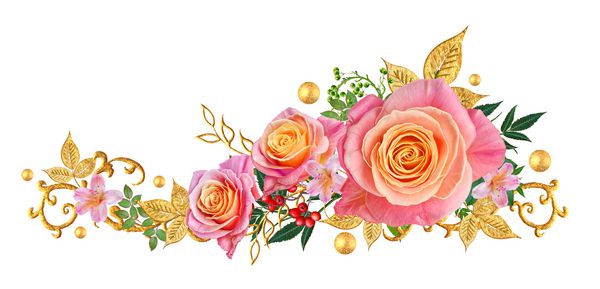 انگور گوشه تزئینی فرفری طلایی برگهای درخشان تاورهای گل گل رز قرمز جدا شده بر روی زمینه سفید
