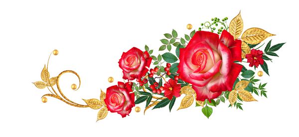انگور گوشه تزئینی فرفری طلایی برگهای درخشان تاورهای گل گل رز قرمز جدا شده بر روی زمینه سفید
