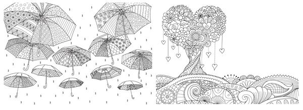 پرواز چترهای باران در هنگام باران و درخت دلچسب در مجموعه گلهای گل برای عنصر طراحی و کتاب رنگ آمیزی صفحه رنگ آمیزی رنگ آمیزی تصویر برای ضد استرس تصویر برداری