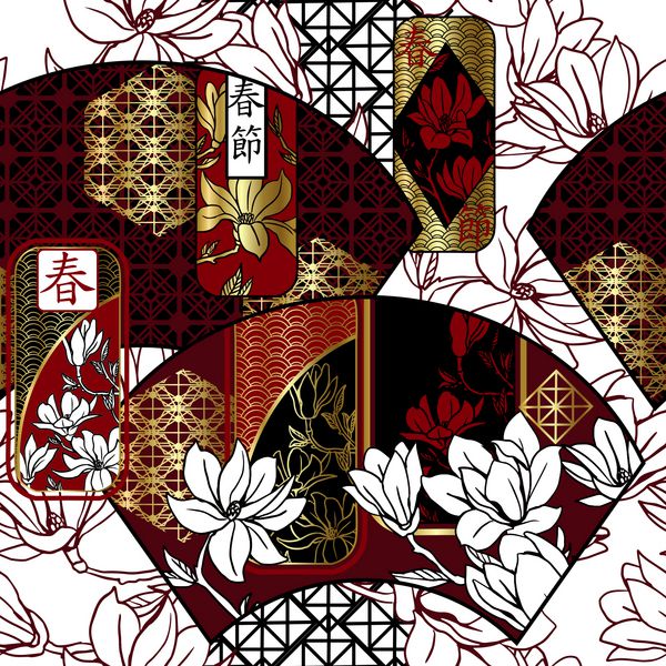 الگوی یکپارچه با طرفداران آسیایی و ماگنولیز زمینه تزئینی برای سال نو چینی Hieroglyphs به معنی جشنواره بهار است