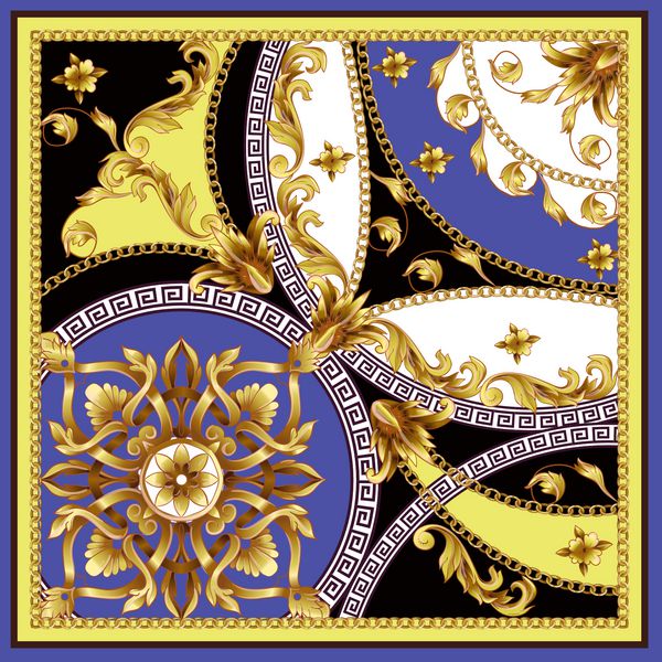 روسری طراحی با عناصر و زنجیره های باروک طلایی