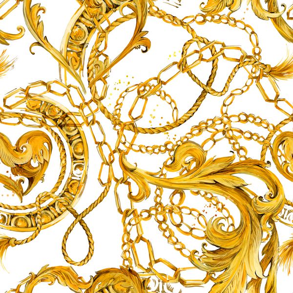 زنجیره های طلا الگوی بدون درز تصویر لوکس قلب طلایی طراحی عاشقانه جواهرات لوکس پس زمینه بدون درز ثروتمند
