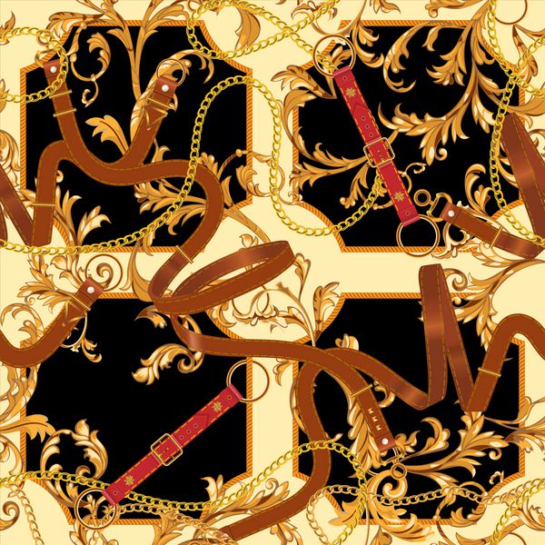 الگوی بدون درز باروک با زنجیرهای طلا کمربند وکتور پچ برای چاپ روسری طراحی پارچه