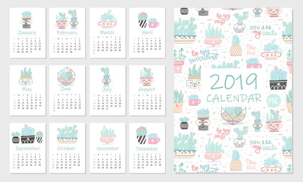 تقویم 2019 مجموعه ای از دست های زیبا 12 تصویر با succulents و کاکتوس تصویر برداری
