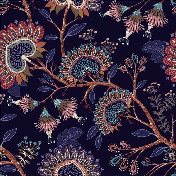 الگوی تزئینی رنگارنگ گل وکتور گل شکاری اندونزی پس زمینه هندی وکتور گلها و فرم های تلطیف شده در زمینه تاریک طراحی پارچه فرش پوشش پارچه بالش