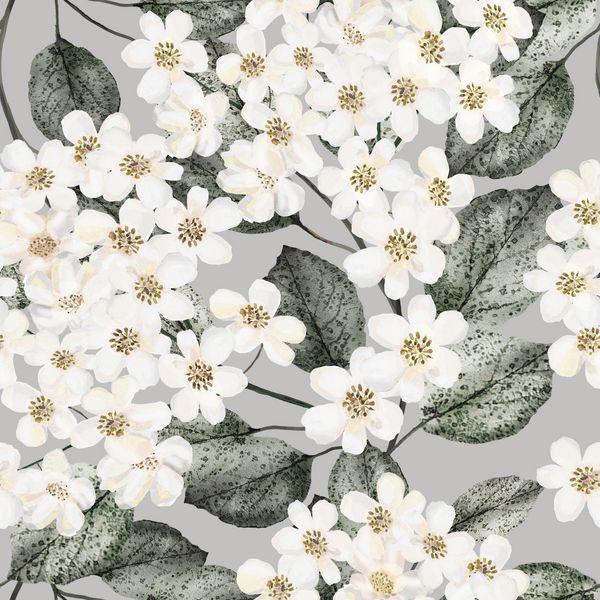 الگوی بدون درز با گل و برگ زمینه گل برای کاغذ دیواری کاغذ و پارچه نقاشی آبرنگ با گلهای بژ روی کاشی های خاکستری
