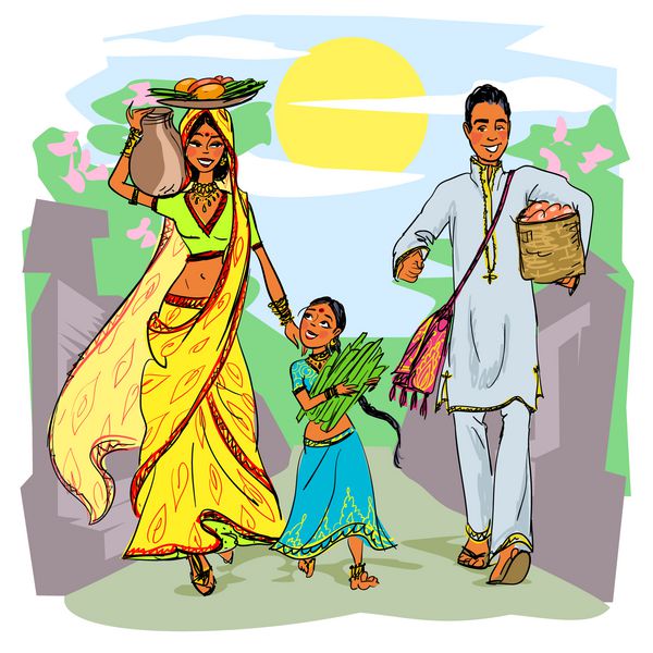 خانواده هندی زنی با دختر و شوهر والدین و فرزند دست کشیده طرح