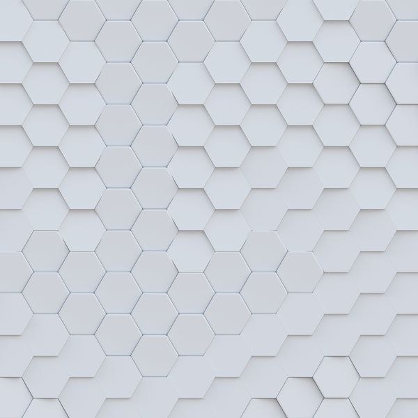 تصویر سه بعدی زمینه چکیده شش ضلعی با تأثیر عمق میدان تعداد زیادی از شش گوش سفید پانل سه بعدی سلولی سفید بافت دیوار Render3d خوشه های شش ضلعی