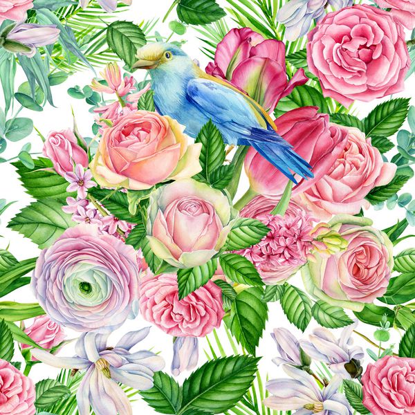 الگوی بدون درز از سنبل های گل گل رز لاله ها با یک پرنده در یک پس زمینه سفید جدا شده تصویر آبرنگ