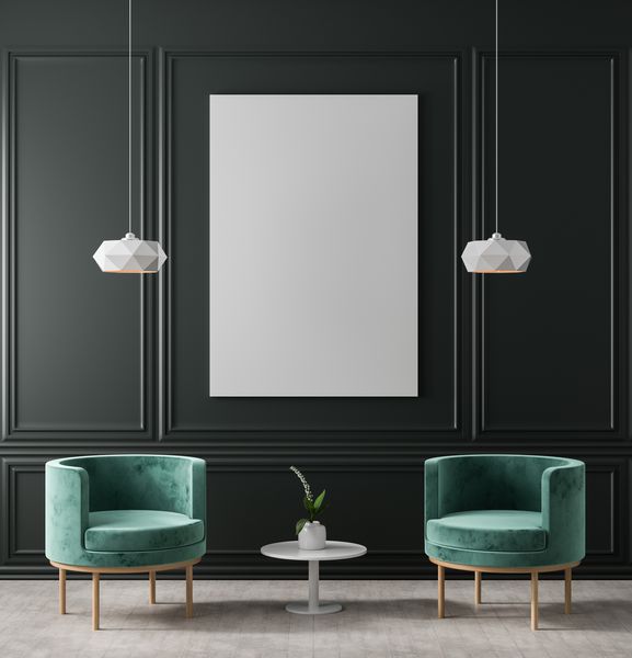 قاب پوستر را در فضای داخلی به سبک کلاسیک مسخره کنید اتاق کلاسیک مینیمالیستی با صندلی تصویر سه بعدی