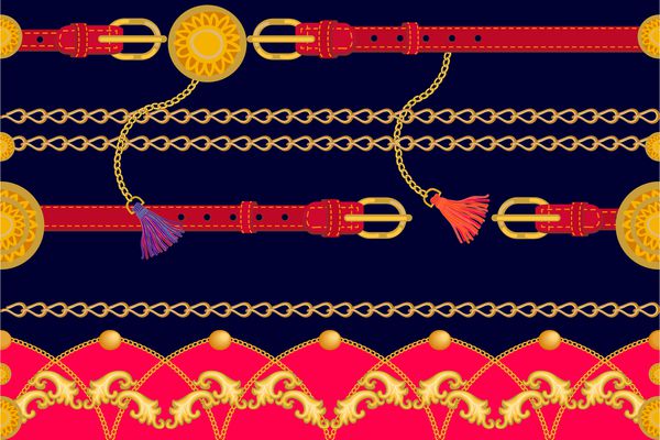 مرز کلاسیک با نقوش ایتالیایی الگوی وکتور بدون درز با زنجیرهای طلایی کمربندهای چرمی قرمز برس و سایر عناصر تزئینی مجموعه مد زنانه قرمز سیاه
