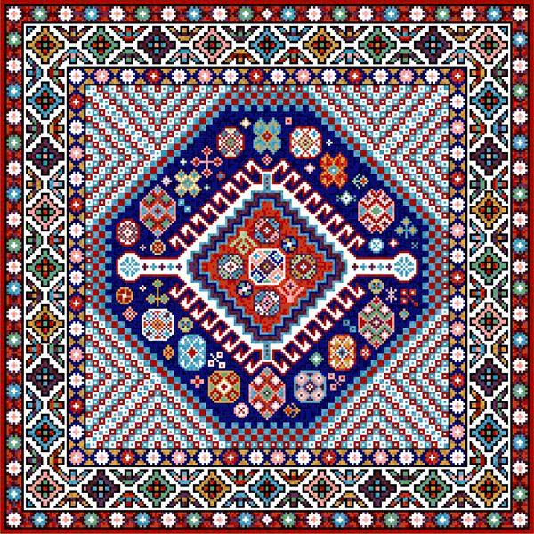 فرش مربع رنگارنگ موزائیک شرقی با تزئینات هندسی سنتی فرش طرح دار با قاب مرزی الگوی بخیه متقاطع برای بالش تصویر برداری 10 EPS