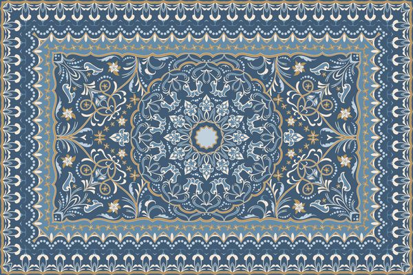 الگوی پرنعمت عربی فرش رنگی ایرانی تزئینات غنی برای طراحی پارچه دست ساز دکوراسیون داخلی منسوجات پس زمینه آبی