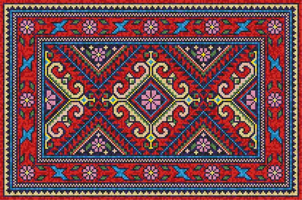 فرش رنگی موزائیک شرقی با تزئینات هندسی سنتی و نقوش گل فرش طرح دار با قاب مرزی الگوی بخیه متقاطع تصویر برداری 10 EPS
