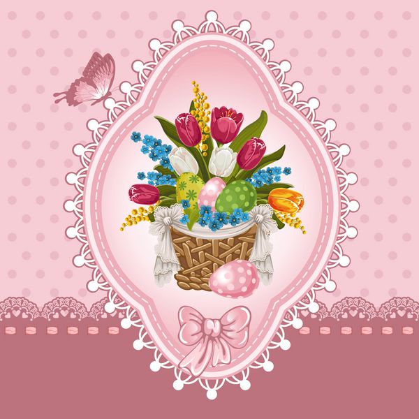 زمینه تبریک عید پاک با سبد پر از تخم مرغ و گل های عید پاک