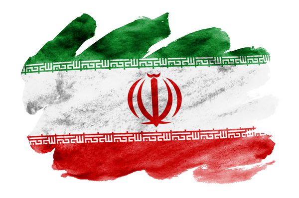 پرچم ایران به سبک آبرنگ مایع جدا شده در پس زمینه سفید به تصویر کشیده شده است