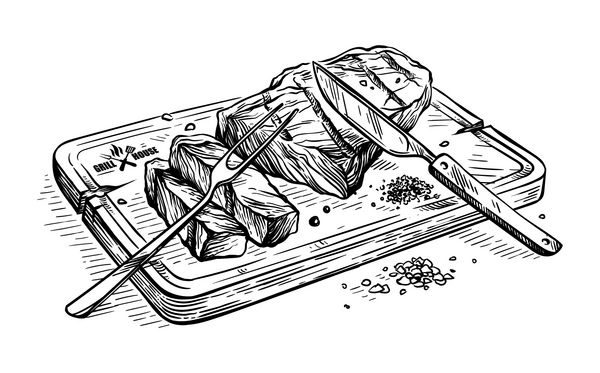 طراحی طرح کشیده شده برش گاو کباب خرد شده روی تخته چوبی با تصویر برداری چاقو و چنگال