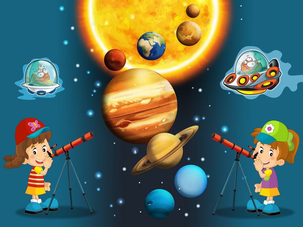 موضوع بیگانگان ufo برای بچه ها مهد کودک منو صفحه فضای روحیه شاد و خنده دار تصویر سازی برای کودکان