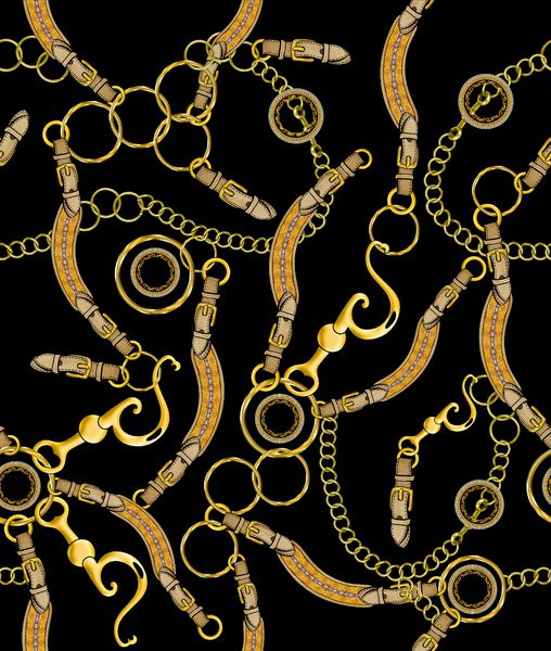 زمین سیاه الگوی بدون درز تسمه زنجیره ای و باروک با مضمون طلا طراحی پارچه