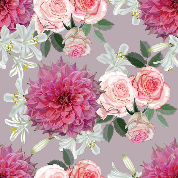الگوی بدون درز گل با گل رز صورتی dahlia و تصویر برداری آگاپانتها