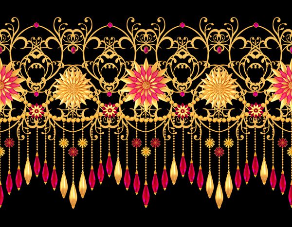 رندر سه بعدی گلهای یکنواخت طلایی فرهای براق عنصر پیزلی الگوی بدون درز arabesques سبک شرقی توری درخشان پارچه بافی بافی ظریف و آویز روی زنجیره ای