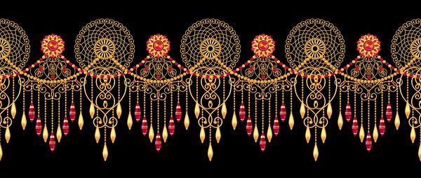 رندر سه بعدی گلهای یکنواخت طلایی فرهای براق عنصر پیزلی الگوی بدون درز arabesques سبک شرقی توری درخشان پارچه بافی بافی ظریف و آویز روی زنجیره ای