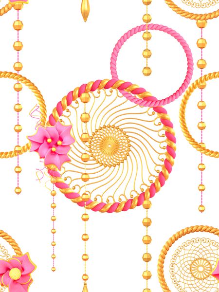 رندر سه بعدی حلقه های شیک ترکه ای طلایی جواهرات بر روی یک زنجیره آویز الگوی بدون درز