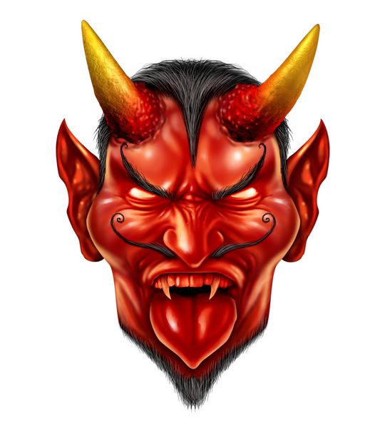 شخصیت هیولا هالووین شیطان شیطان با یک ناله شیطانی شیطانی به عنوان یک مفهوم شبح و ادویه با موجودات جانورانی شاخ دار پوست قرمز و حماسه های خطرناک روی زمینه سفید