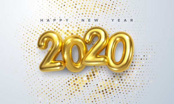 سال نو 2020 مبارک تصویر برداری تعطیلات از اعداد فلزی طلای 2020 و الگوی درخشان درخشان علامت 3D واقع گرایانه پوستر جشن یا طراحی بنر