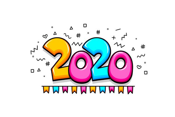 مدل کارتونی 2020 مدل سال جدید طراحی سبک doodle 2020 سلام برداری تصویر برداری مسطح متن های طنز رنگ های روشن حروف کریسمس 2020