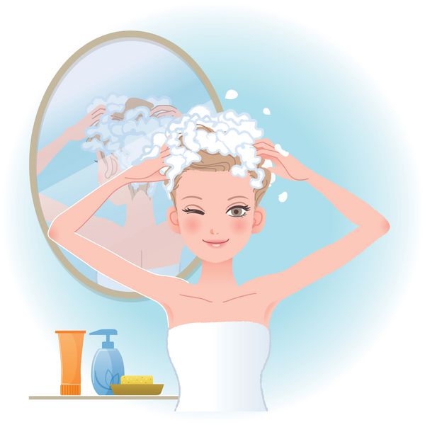زن زیبا صابون سر خود را با آینه در پشت در حمام فایل حاوی شیب ابزار مخلوط کردن شفافیت ماسک قطع