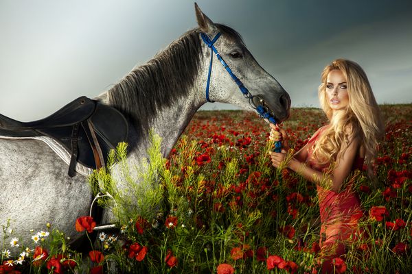 زن زیبا با موهای مجعد بلند که با اسب می نشیند