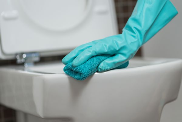 دست شخصی که صندلی توالت را در دستکشهای لاستیکی تمیز می کند با اسفنج ضد عفونی کننده قسمت زیرین برای میکروب ها و باکتری ها هنگام انجام کارهای خانگی
