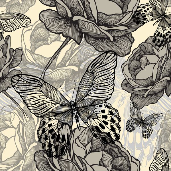 الگوی یکپارچه با گلهای وحشی شکوفه و پروانه های تزئینی طراحی دستی تصویر برداری