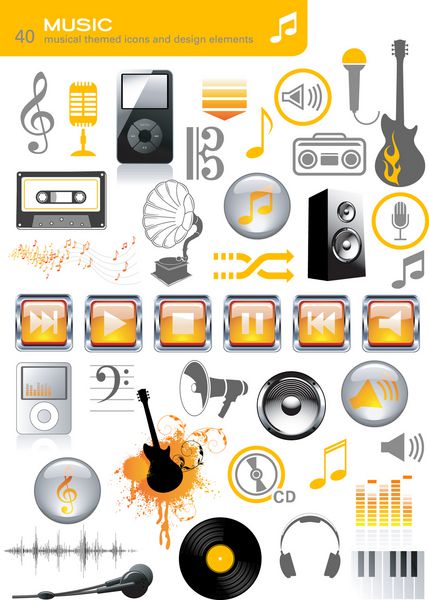 مجموعه ای از 40 نماد و موسیقی مربوط به موسیقی و صدا از جمله مجموعه ای از دکمه های پخش کننده رسانه