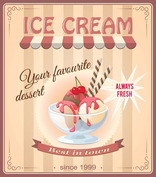 بنر با بستنی واقعی در کاسه شیشه ای نماد فروشگاه بستنی روبان بهترین در شهر با پس زمینه پرنعمت eps10