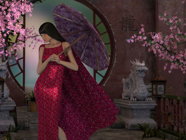 تصویری با مضمون آسیایی با شکوفه های گیلاس مجسمه های اژدها سنگی و درهای گرد با یک زن زیبا آسیایی که در حال نگه داشتن یک طوطی است