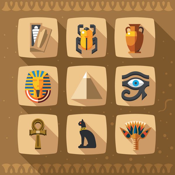 نمادها و عناصر طراحی مصر جدا شده اند مجموعه آیکون های مصر باستان اهرام روسری گربه گلدان مومیایی آملت فرعون زینت